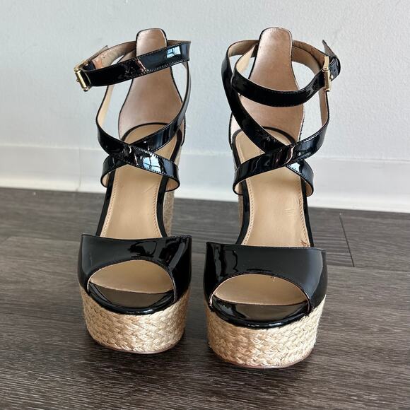 Michael Kors Gabriella Black Patent Leather Espadrille Wedges Platform Sandals - Picture 6 of 16